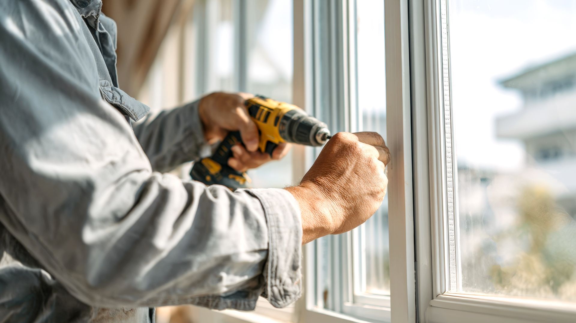 Person using a power drill on a window frame.