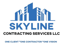 Logo for Skyline Contracting Services LLC, featuring blue city skyline above text. Tagline: 