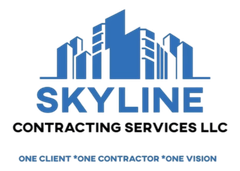Skyline Contracting Services LLC logo with blue skyline graphic and tagline 