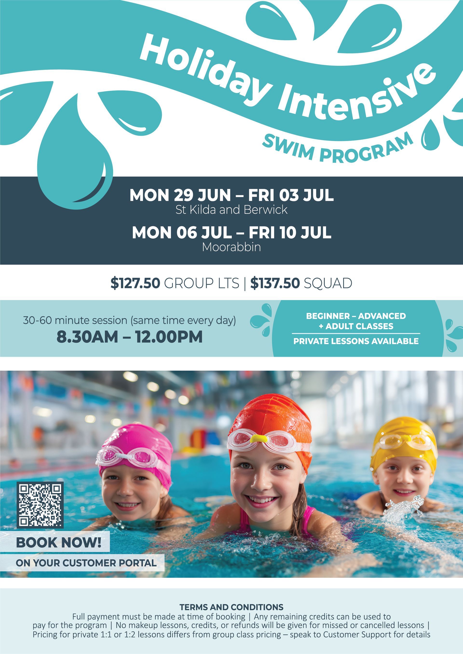 Swim program flyer: children in goggles, dates, times, call to action, booking information, blue and white colors.