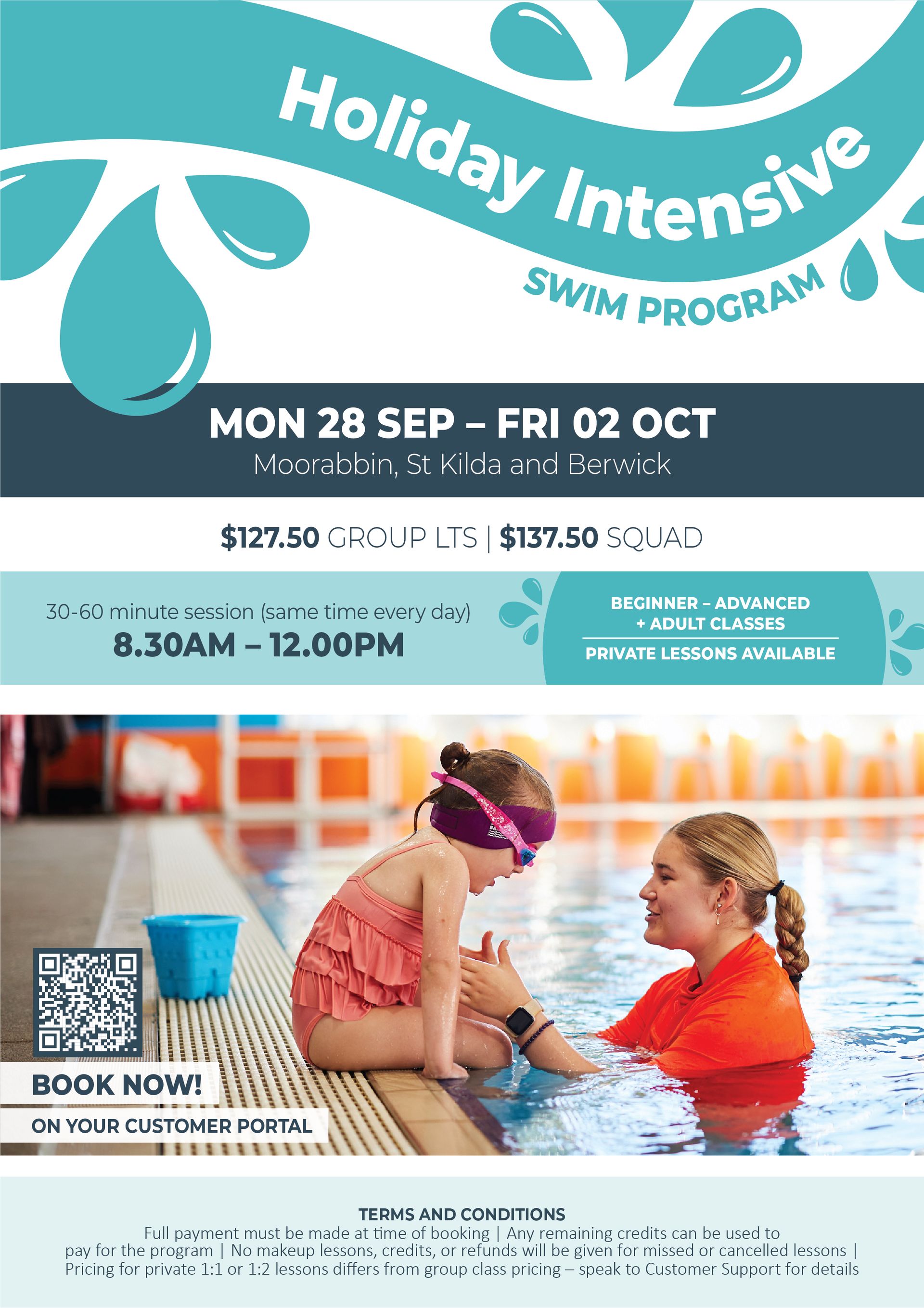 Swim program flyer: teacher and child, dates, times, call to action, booking information, blue and white colors.