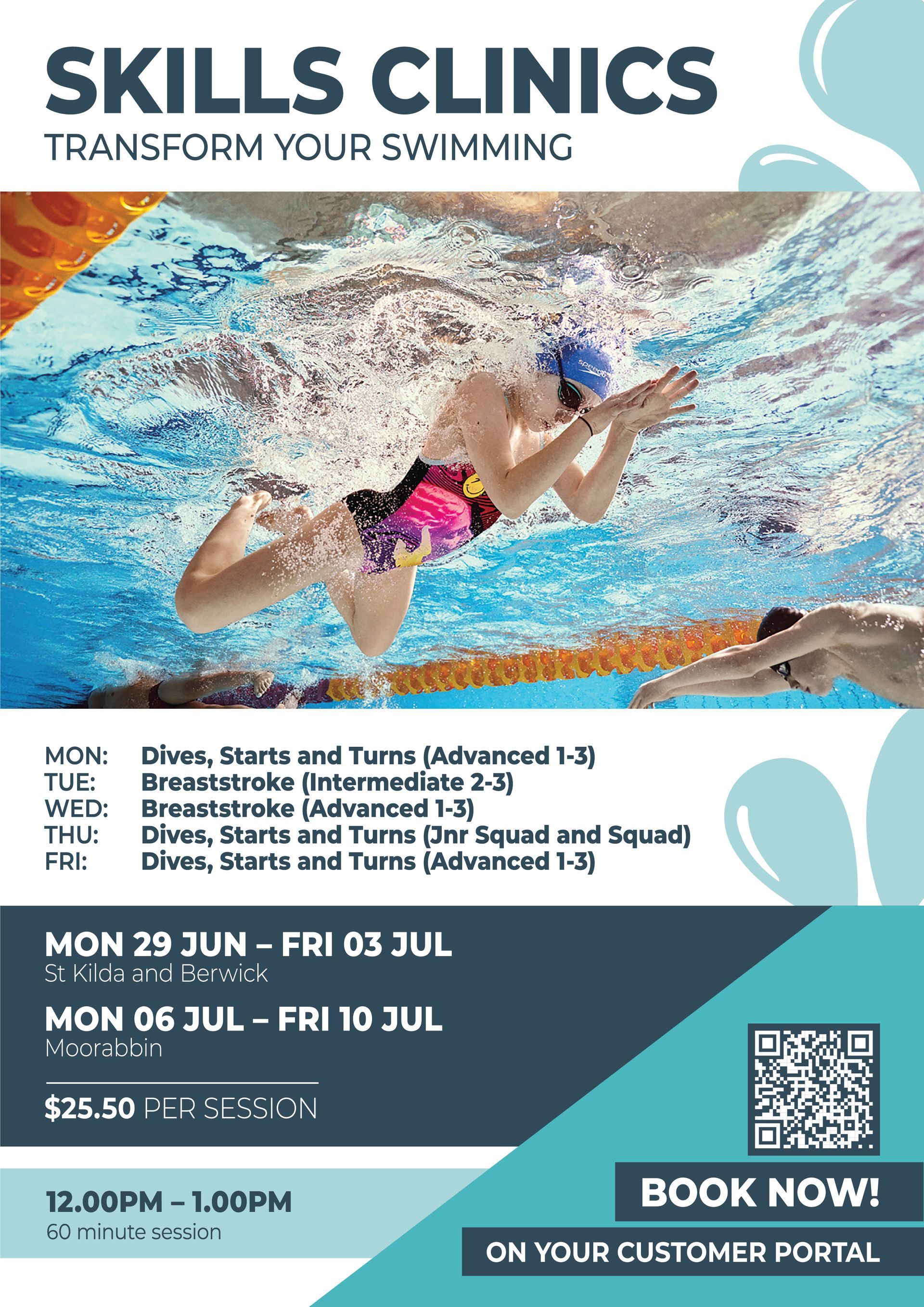 Swim program flyer: child in goggles swimming breaststroke.