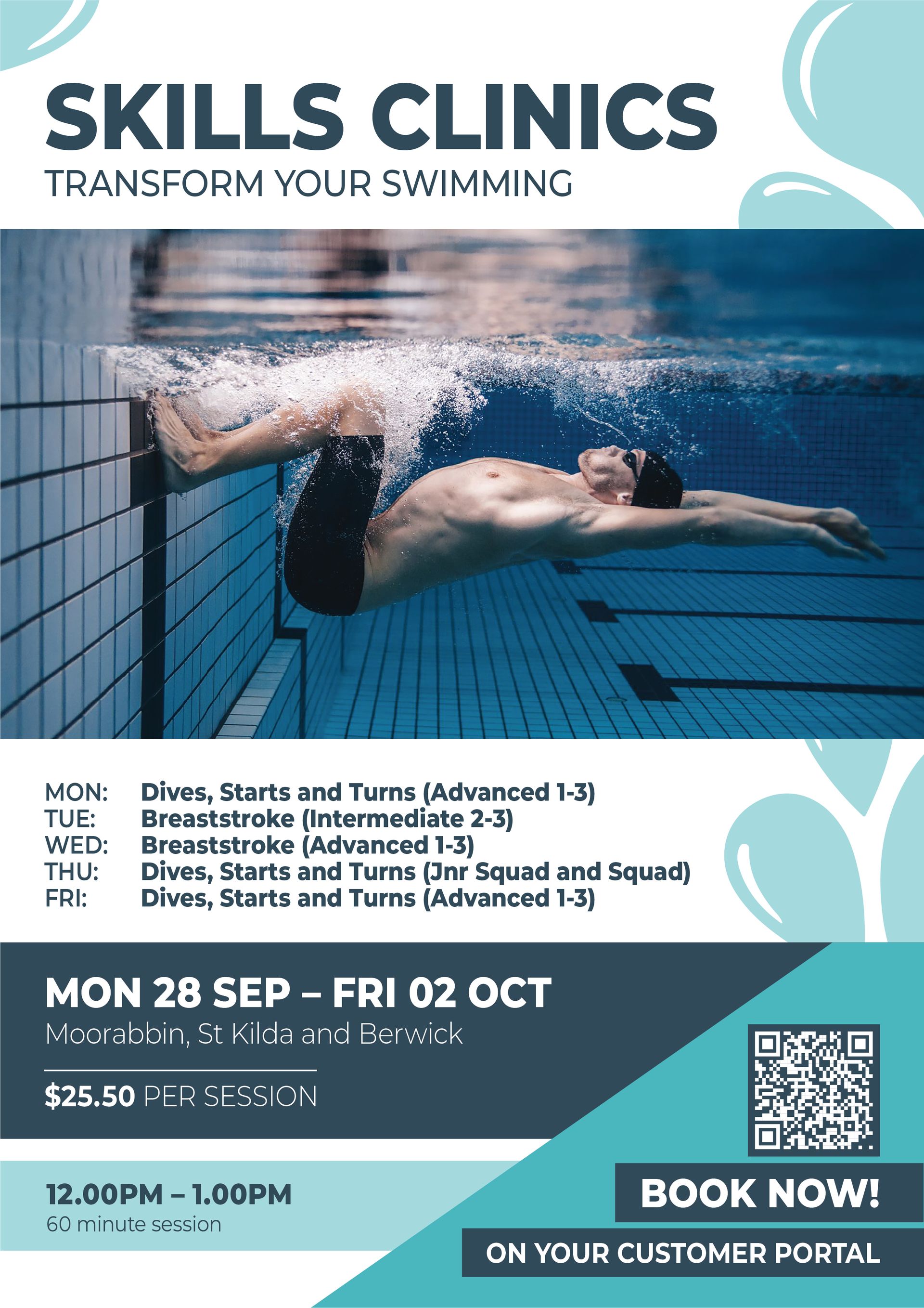 Swim program flyer: swimmer pushing off underwater.