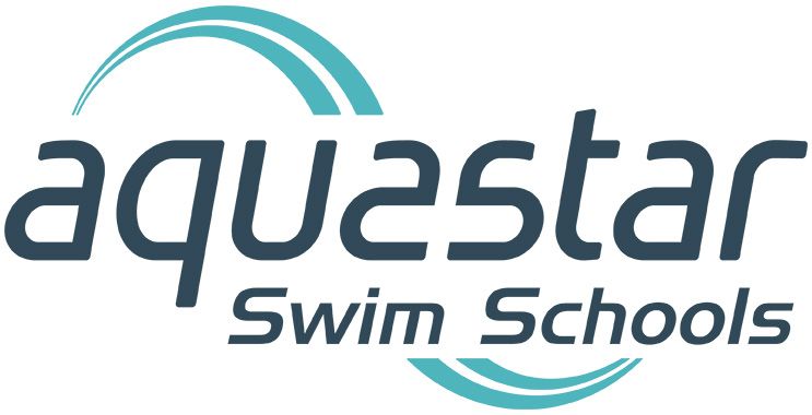 Aquastar Swim Schools logo: Teal curved lines over dark blue text, "aquastar Swim Schools".