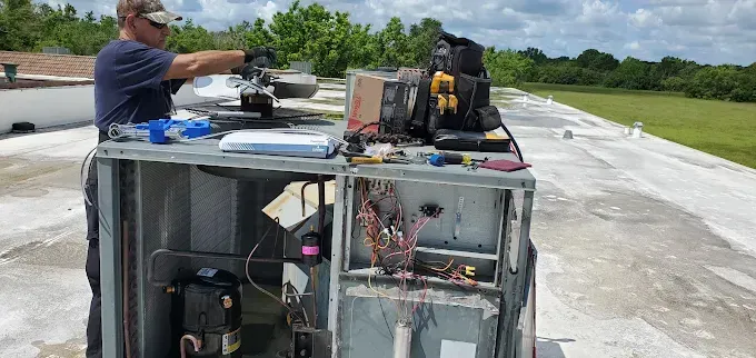 Person working on equipment atop a flat rooftop beside trees and a cloudy sky