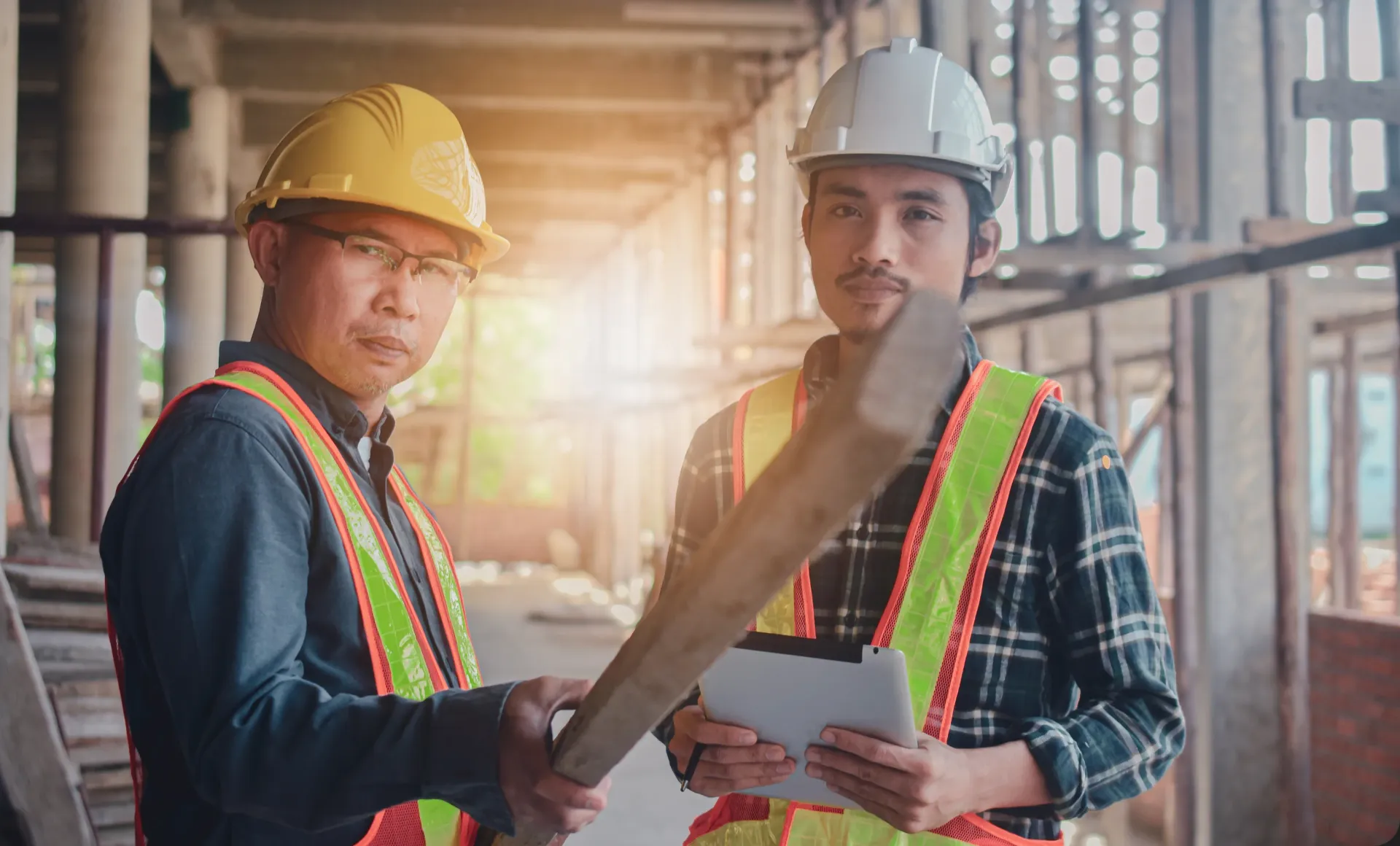 Two construction workers are looking at a blueprint at a construction site.
