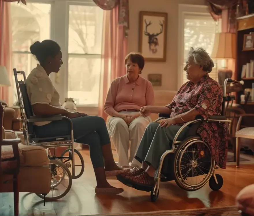 Three elderly women in wheelchairs are sitting in a living room talking to each other.