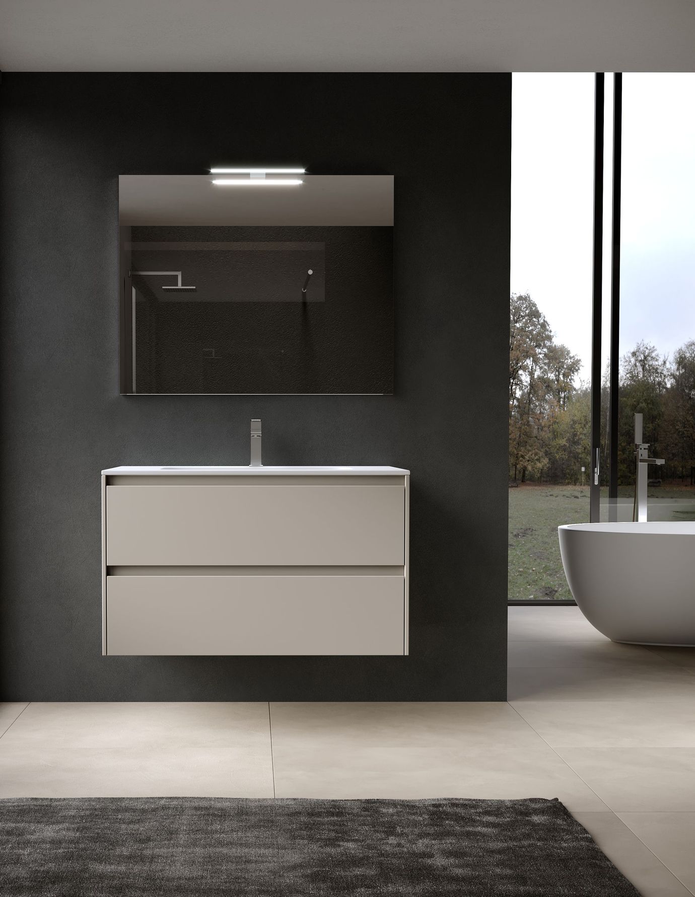 Bagno moderno con specchio rotondo, mobiletto portaoggetti e mobiletto portaoggetti in tonalità neutre.