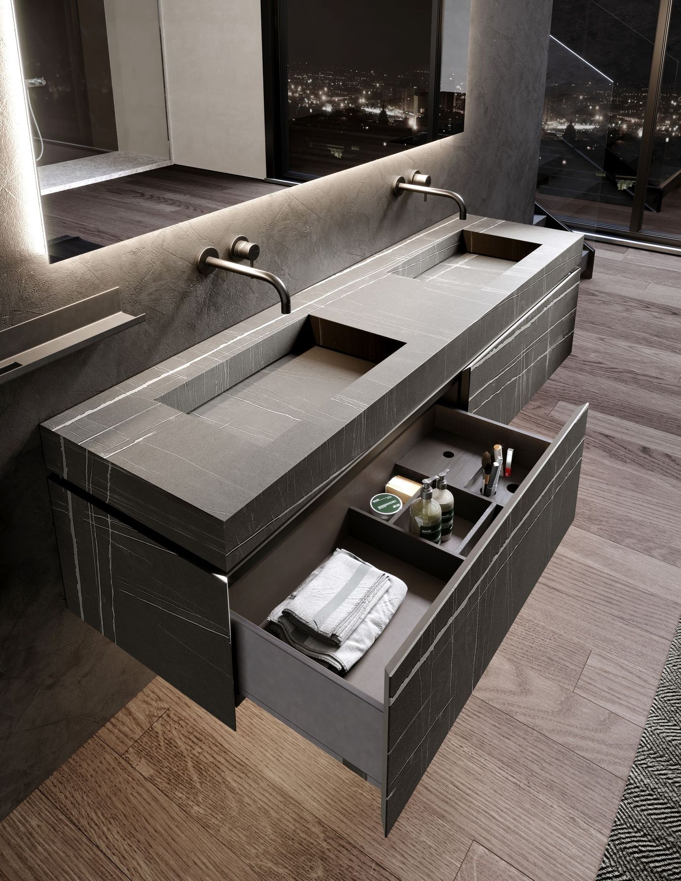 Bagno moderno con doppio lavabo grigio scuro e cassetto aperto.