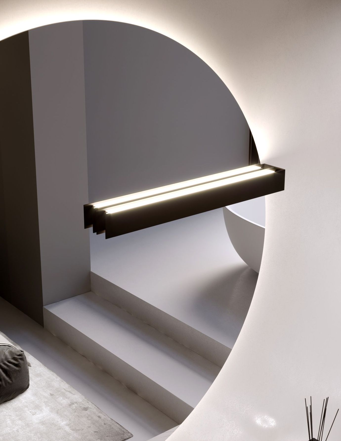 Bagno moderno, specchio circolare con mensola retroilluminata e due strisce luminose luminose.
