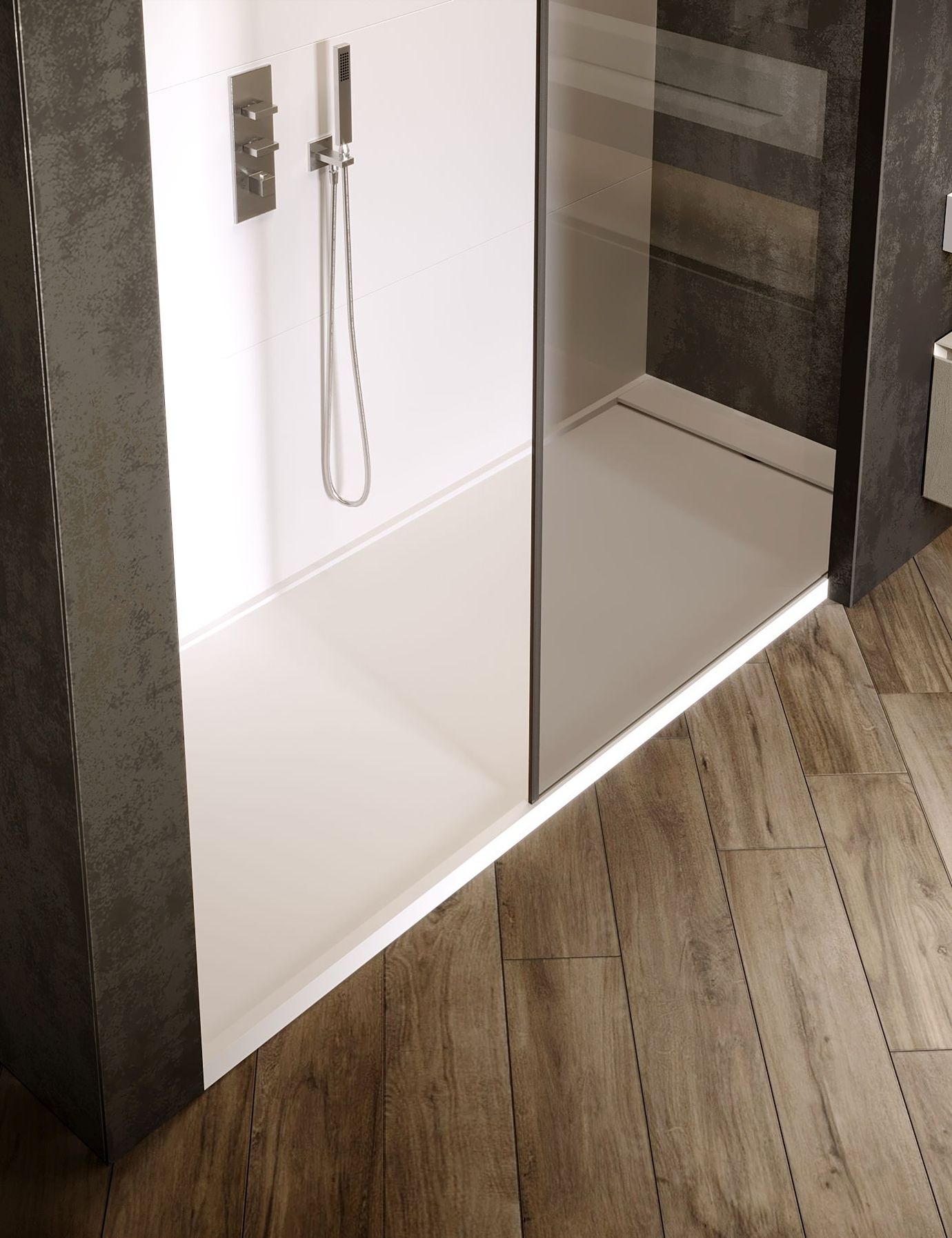 Box doccia bianco con porta in vetro, in contrasto con pareti scure e pavimento in legno.