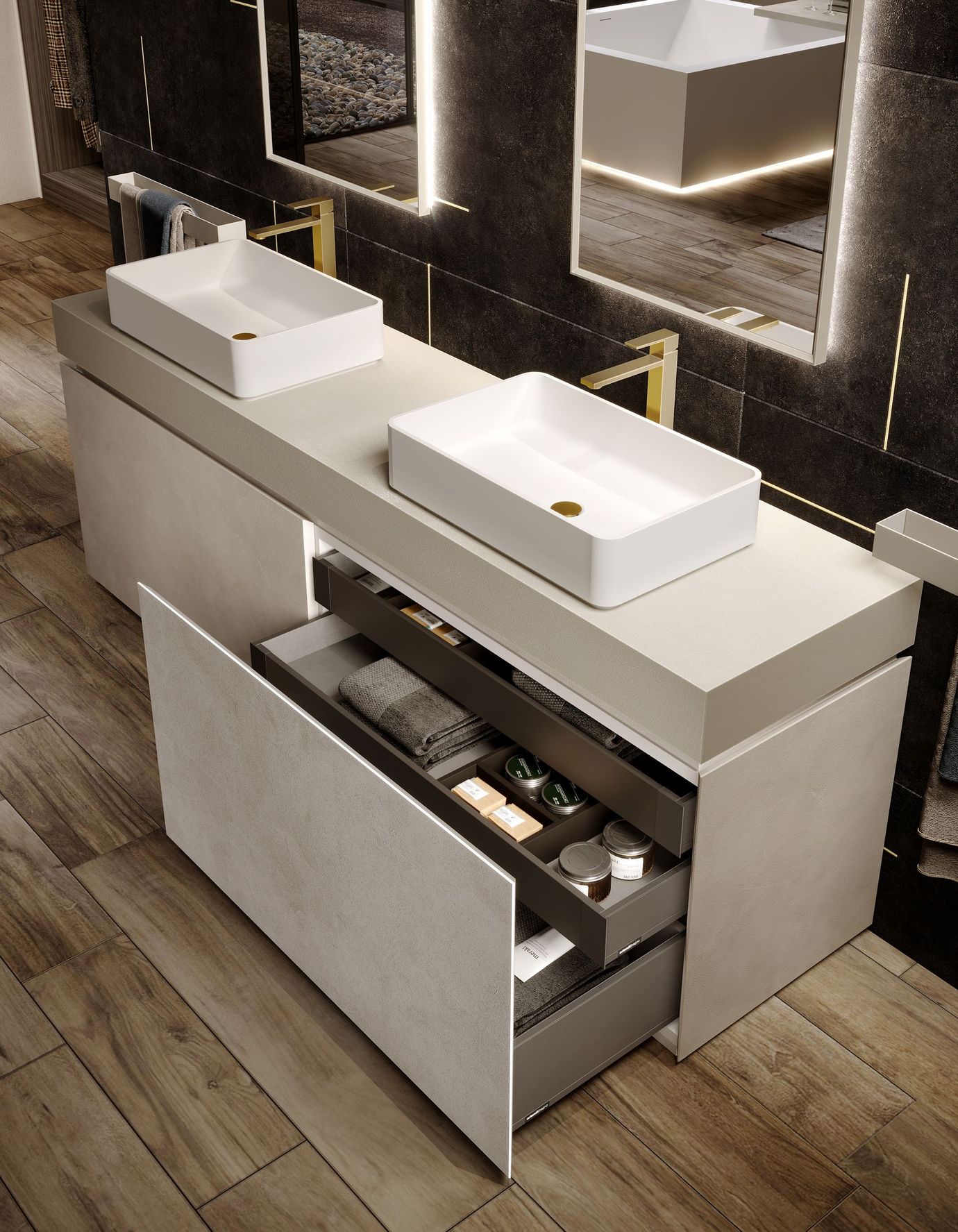 Mobile da bagno moderno con due lavandini bianchi, cassetto aperto che rivela spazio, accessori dorati e specchi illuminati.
