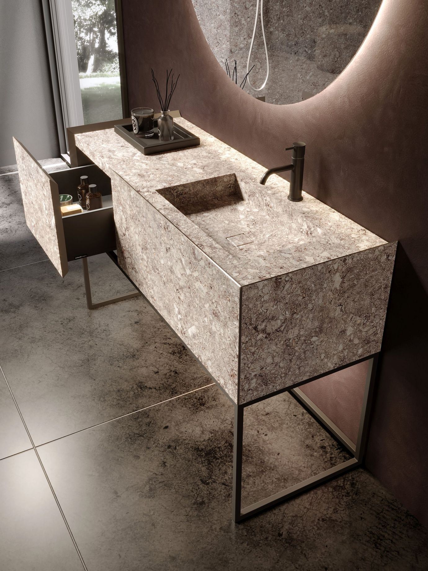 Mobile lavabo moderno in pietra con cassetto aperto e rubinetto nero in un ambiente bagno.