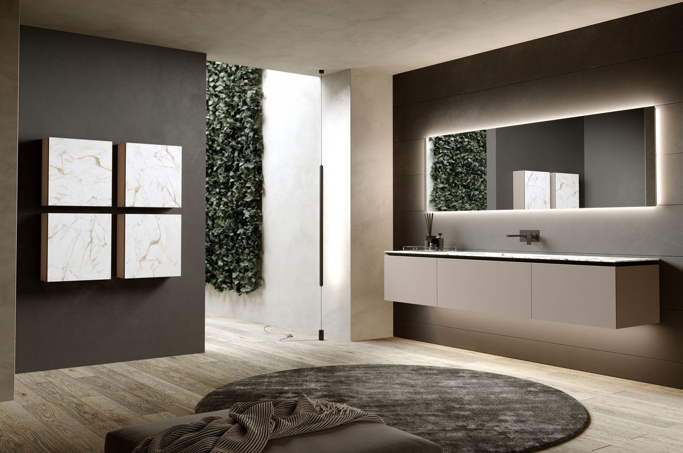 Bagno moderno con mobile lavabo sospeso, specchio retroilluminato e opere d'arte decorative alle pareti.