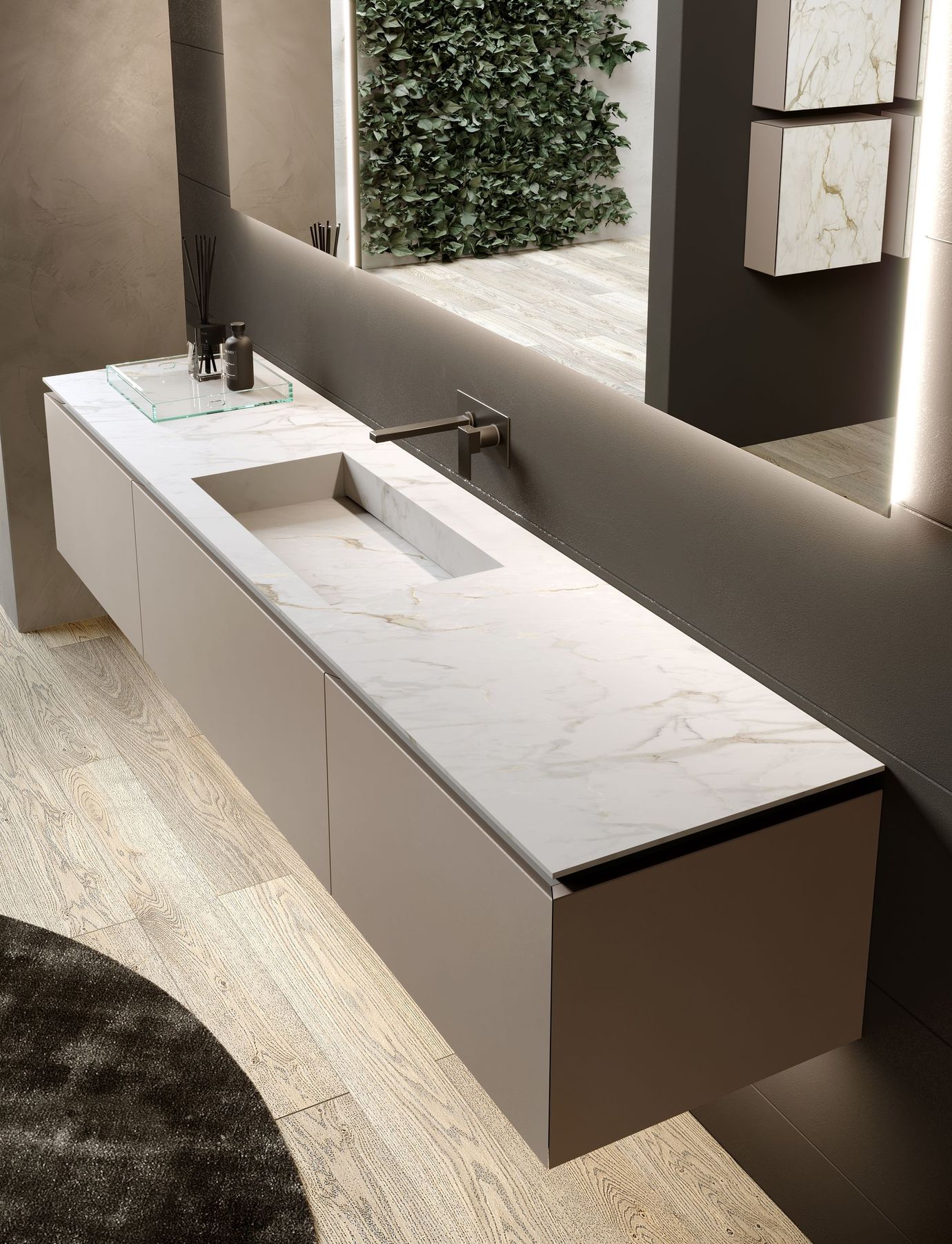 Mobile bagno sospeso bianco con lavabo, rubinetto e specchio integrati; design moderno mobile su misura arredo Bagno Serie Quintessenza Orlandi Bagno  Cerreto Guidi (FI)