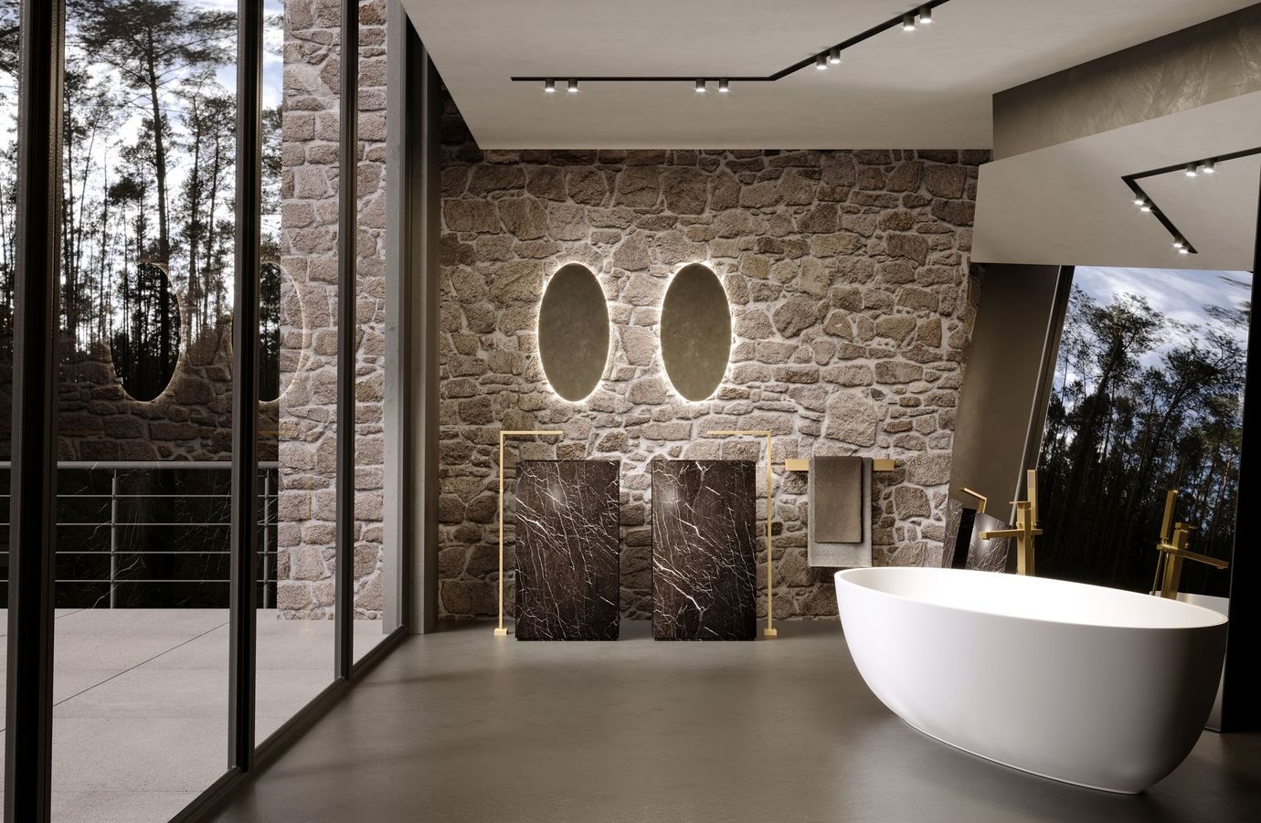 Bagno di lusso con parete in pietra, specchi ovali, lavandini in marmo e vasca da bagno bianca mobile su misura arredo Bagno Serie Quintessenza Orlandi Bagno  Cerreto Guidi (FI)