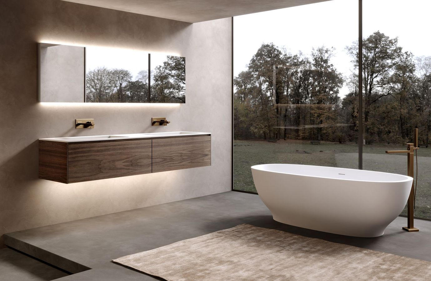Moderno mobile lavabo sospeso con doppio lavabo, pannelli in legno e finiture dorate.