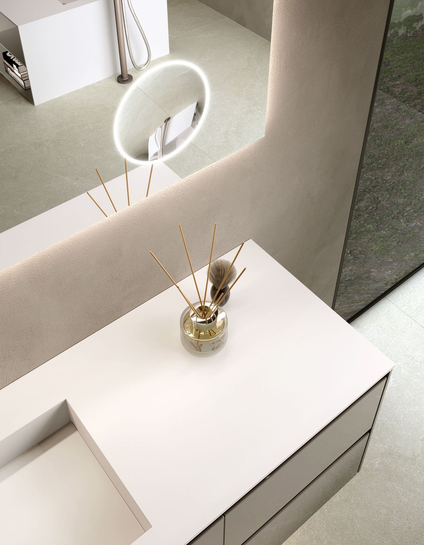 Bagno moderno con mobile lavabo sospeso, specchio e una grande finestra con verde.