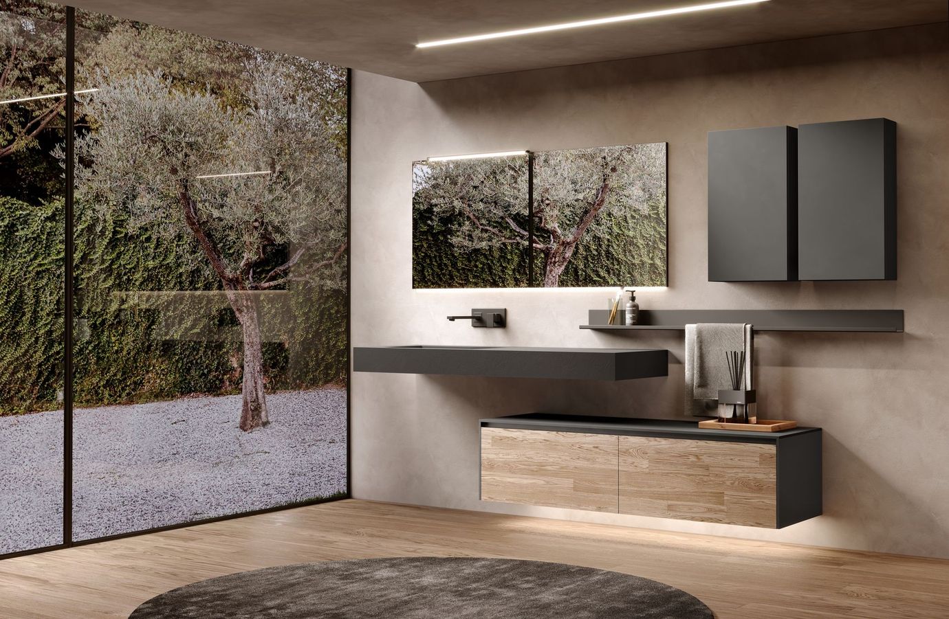 Bagno moderno con lavabo sospeso, mobiletto e portasciugamani. Caratterizzato da legno, grigio e luci calde.