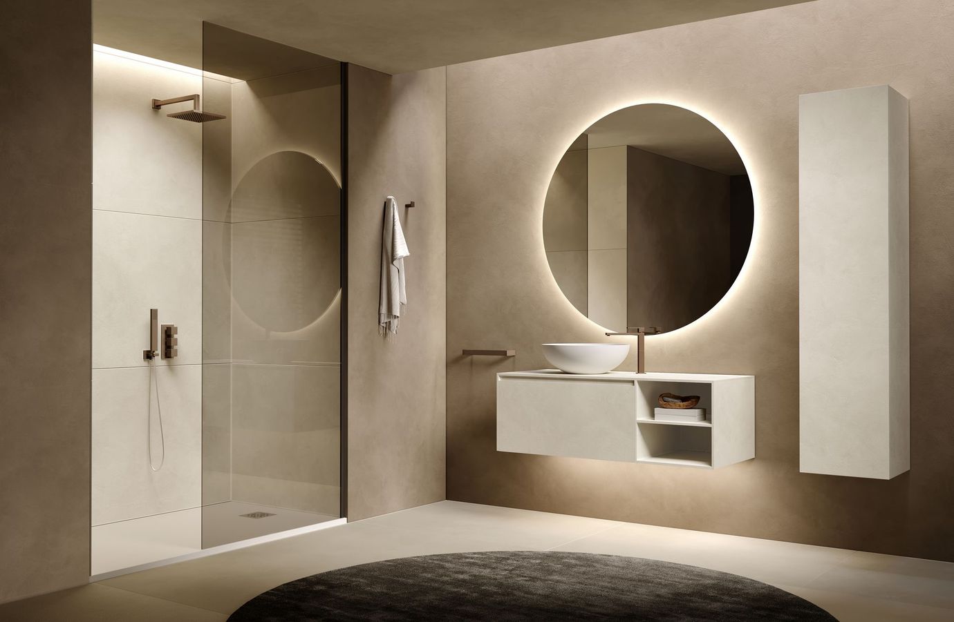 Bagno moderno con specchio rotondo, doccia e mobile lavabo sospeso; toni neutri mobile su misura arredo Bagno Serie Quintessenza Orlandi Bagno  Cerreto Guidi (FI)
