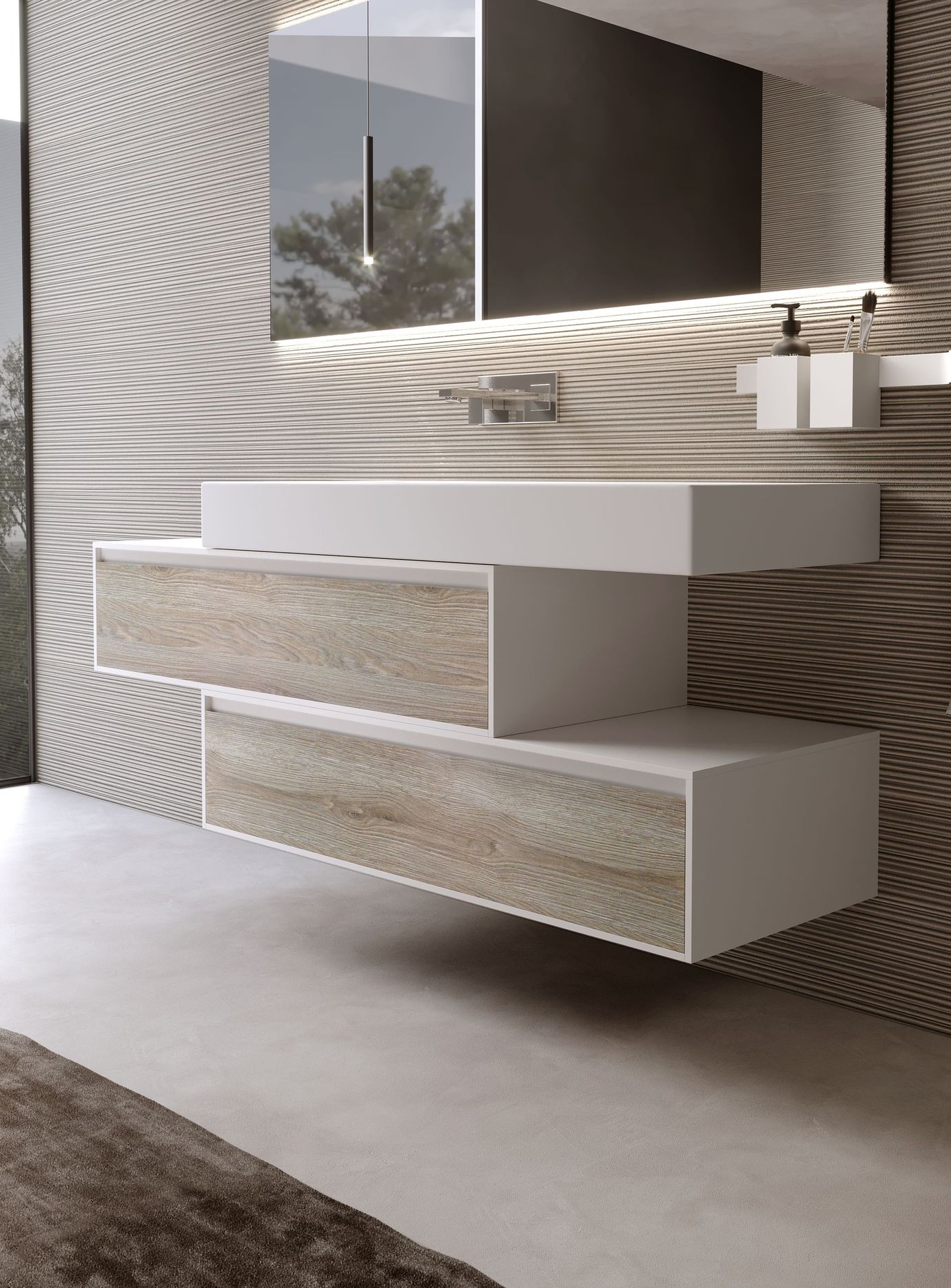 Bagno moderno con mobiletto bianco, mobiletto alto, doccia e un grande specchio.