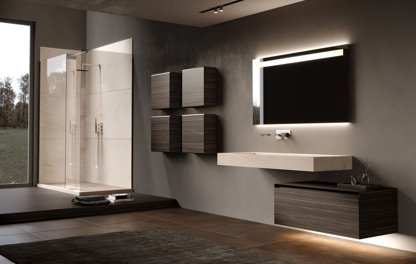 Bagno moderno con doccia, mobile lavabo sospeso, armadietti a parete e specchio retroilluminato.