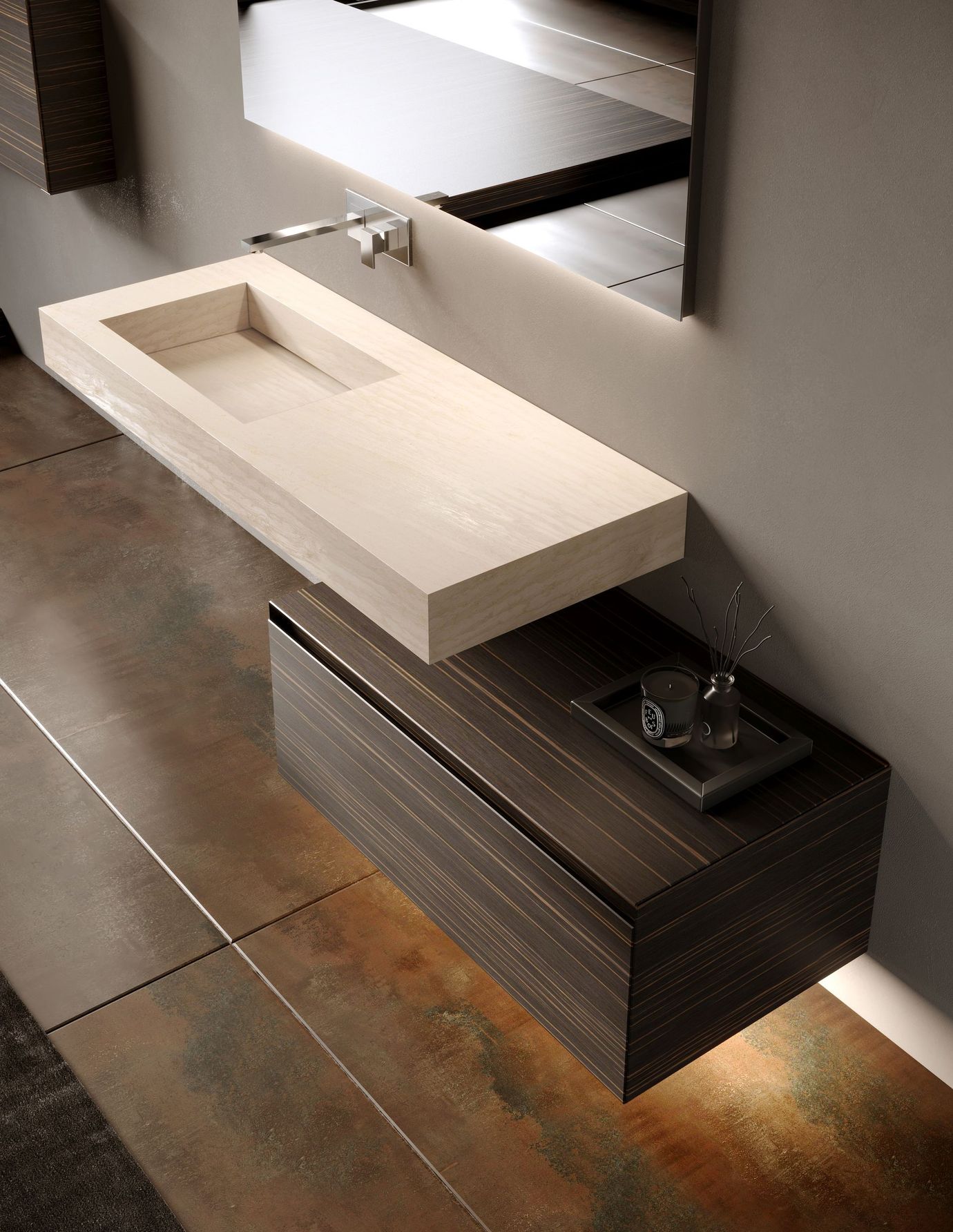 Mobile da bagno moderno sospeso con lavabo beige e mobiletto in legno scuro.