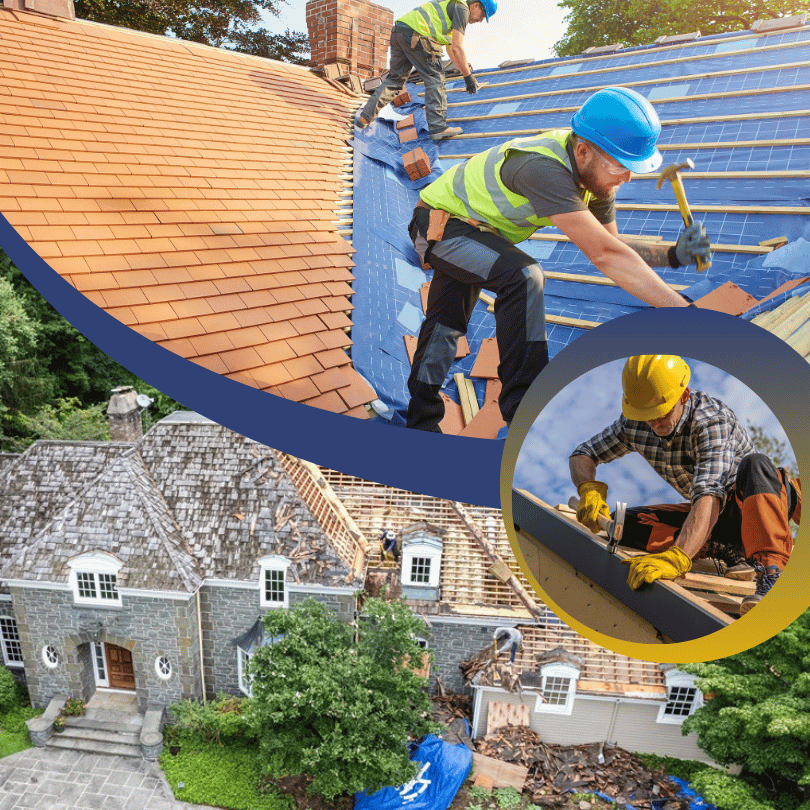 Roof repair specialists working on residential and commercial properties with roof shingles and underlayment in place.
