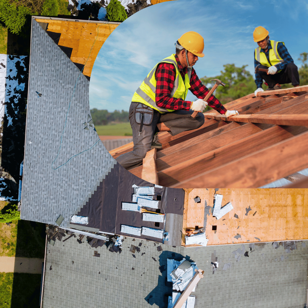 Roof repair specialists working on residential and commercial properties with roof shingles and underlayment in place.