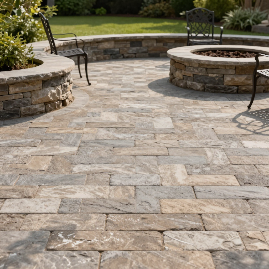 Stone patio with circular built-in seating walls and black metal chairs in a landscaped garden.