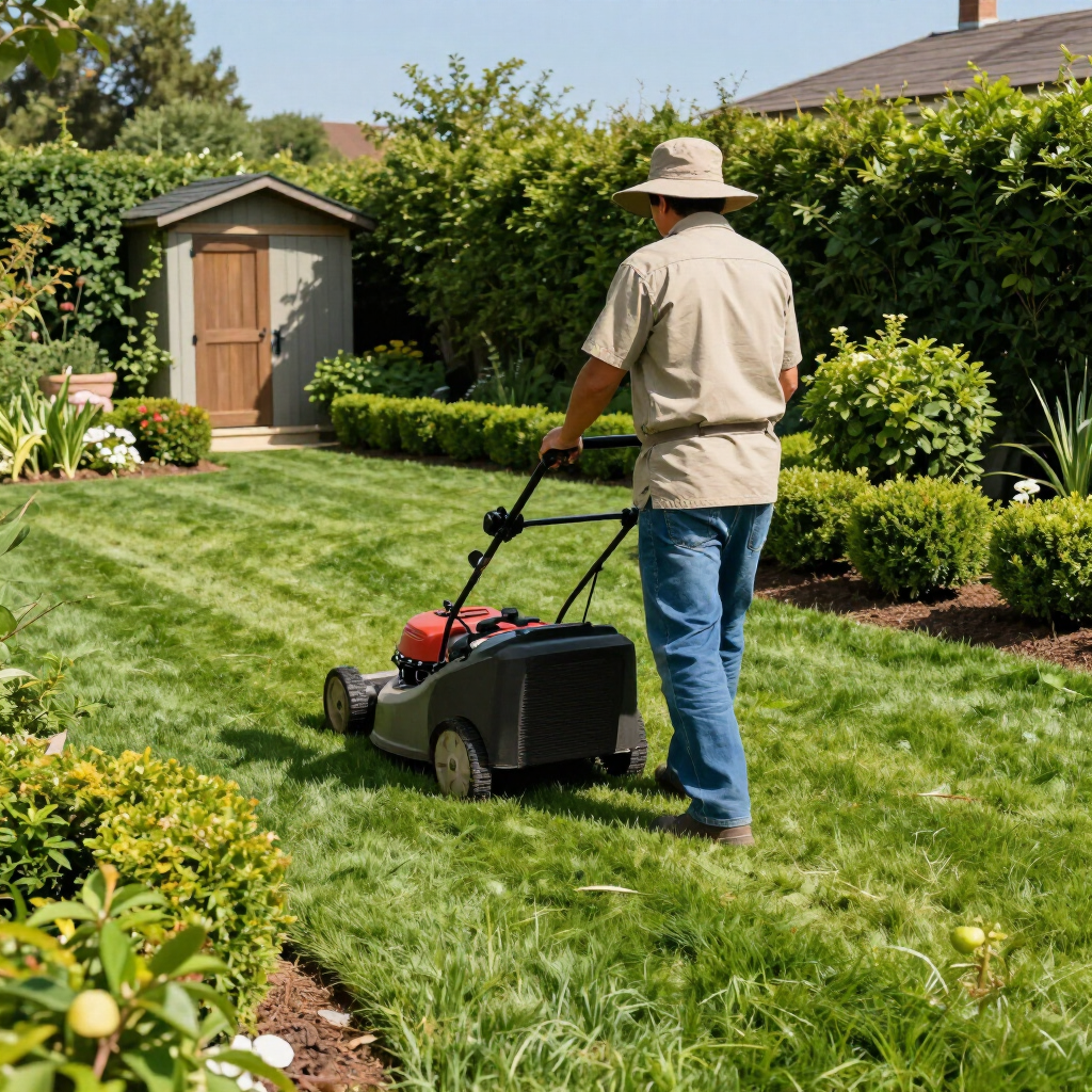 Person mowing a green lawn in a sunny backyard with hedges and a shed