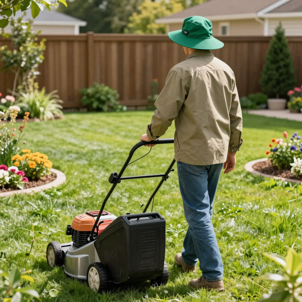 Person mowing a green lawn in a backyard, wearing a green hat and tan shirt