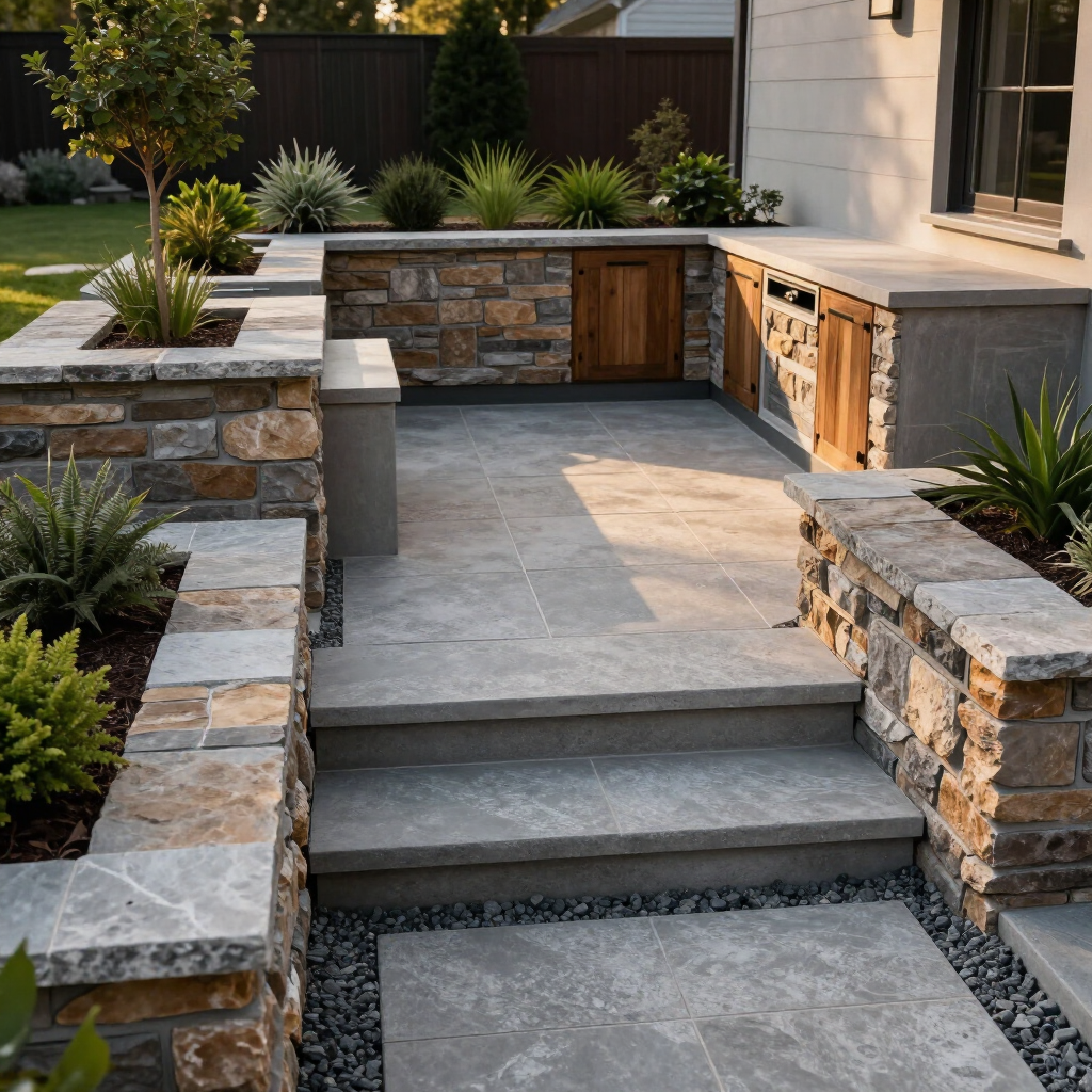 Modern stone patio with steps, retaining walls, and built-in wooden cabinets in a landscaped backyard