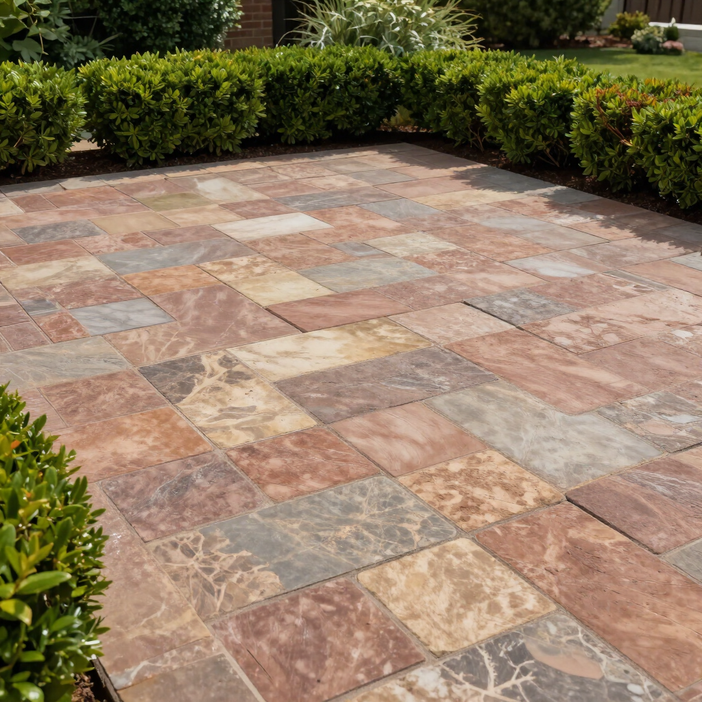 Stone patio with multicolored square tiles, bordered by green hedges and shrubs.