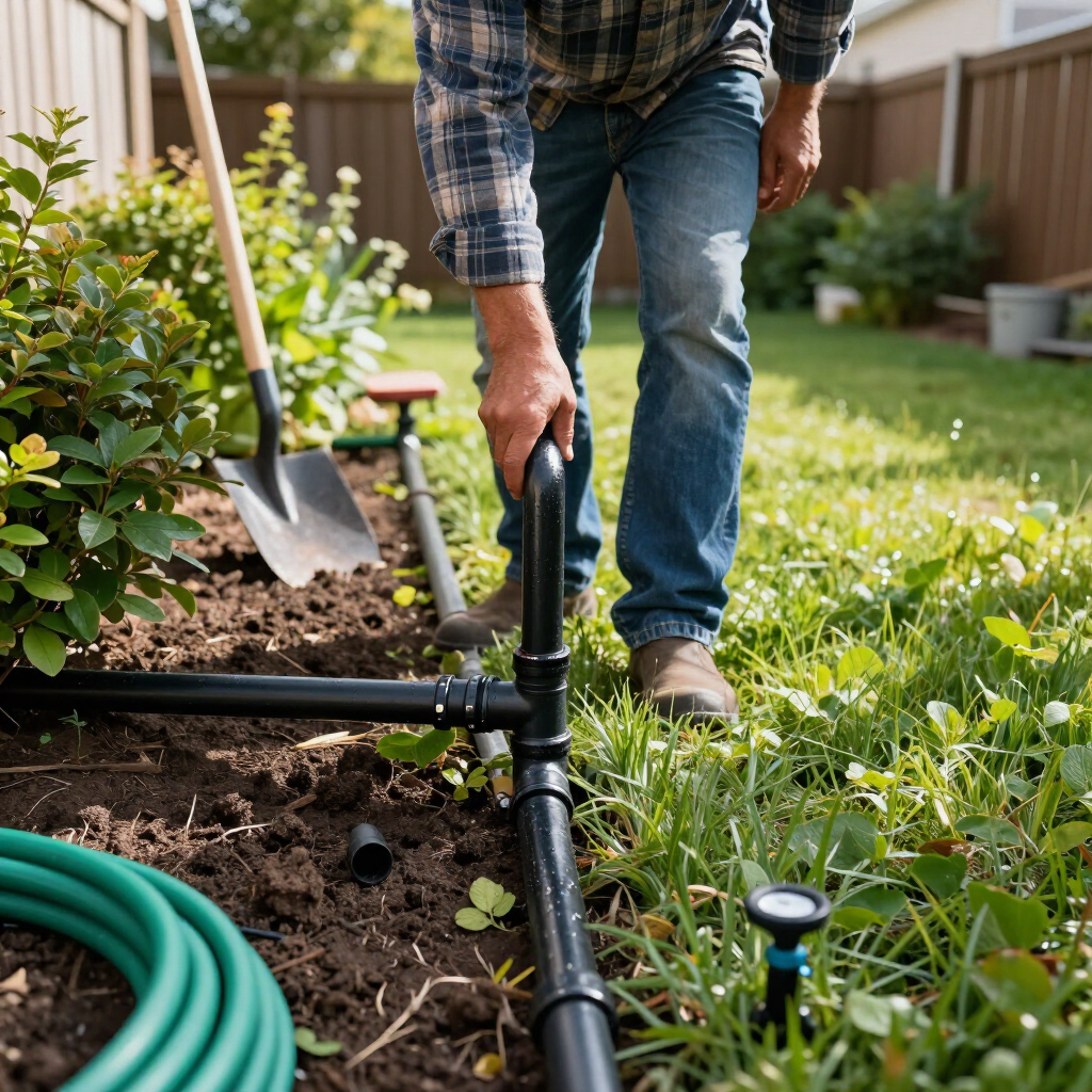 Person installing black garden irrigation pipes in a yard with a shovel and green hose.