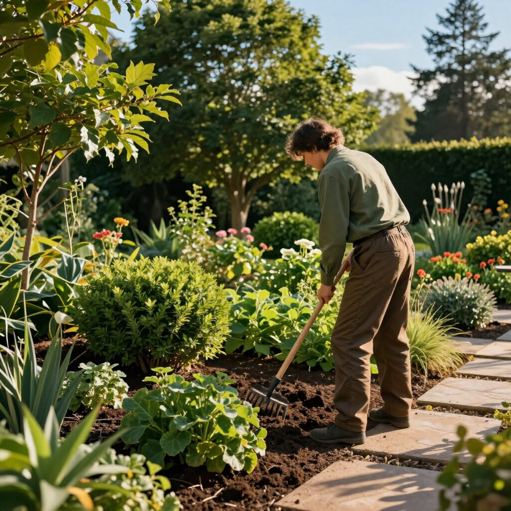 Person gardening in a sunny flower bed with a rake, surrounded by green plants and flowers