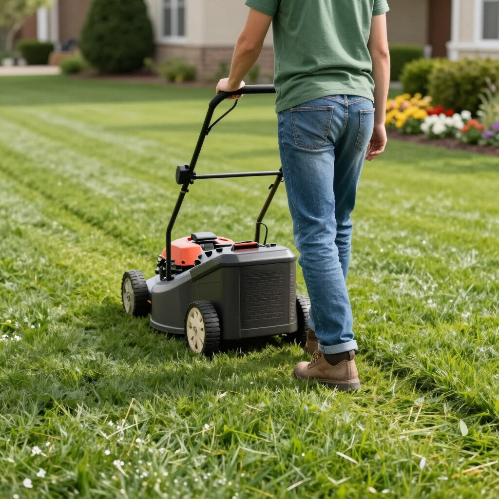 Person mowing a green lawn with a push mower in a suburban yard