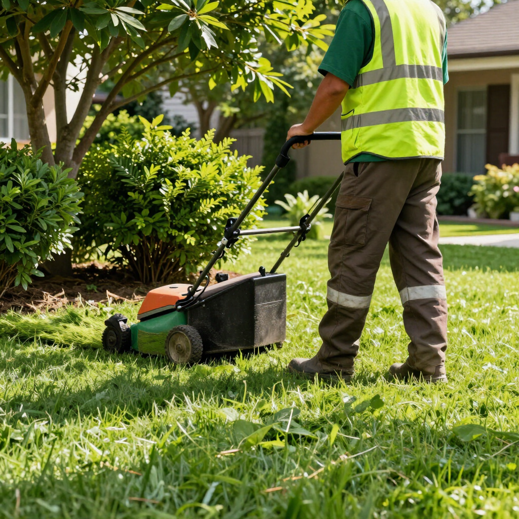 Worker mowing a green lawn with a push mower in a sunny yard
