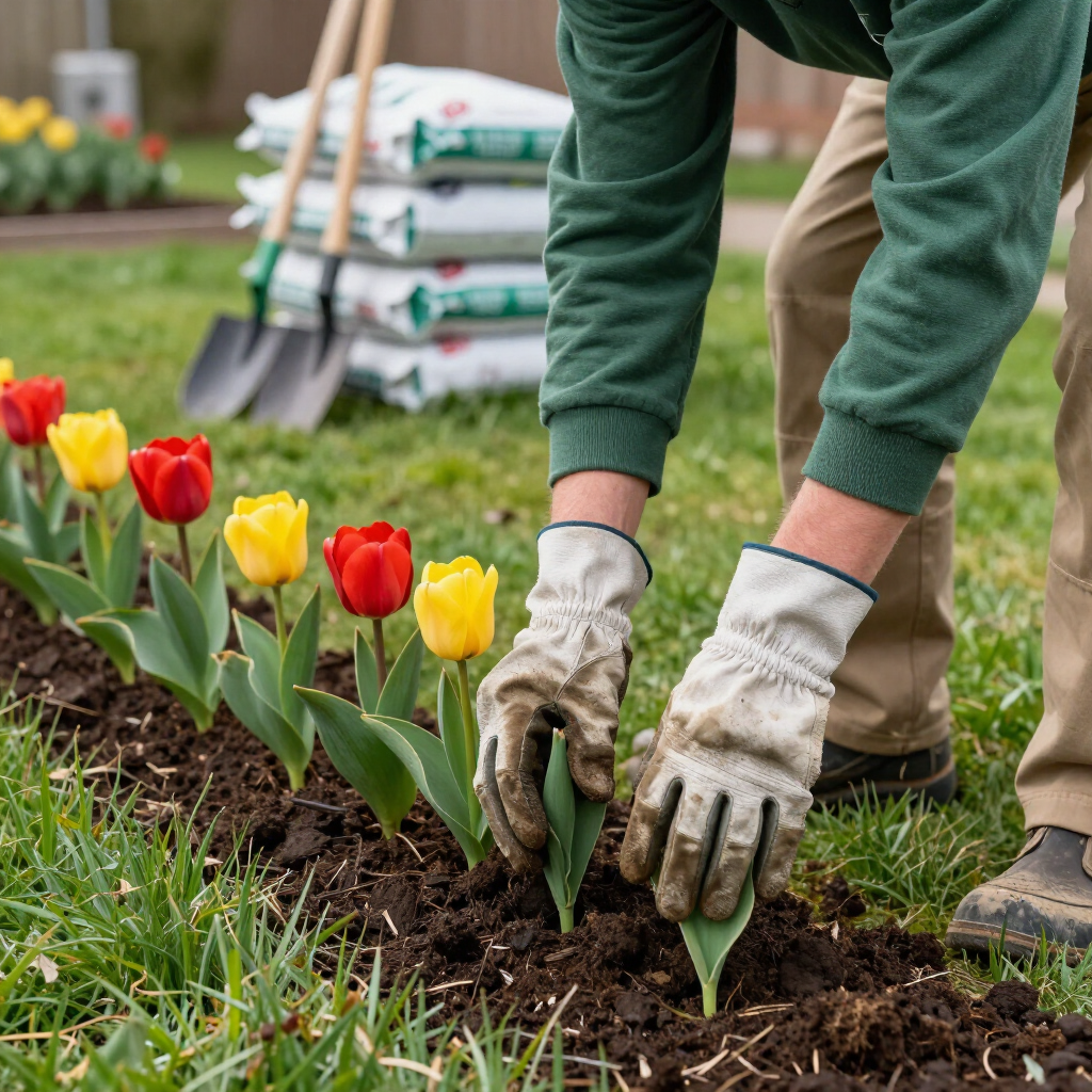 Gloved hands planting tulip bulbs in a garden bed beside blooming red and yellow tulips.