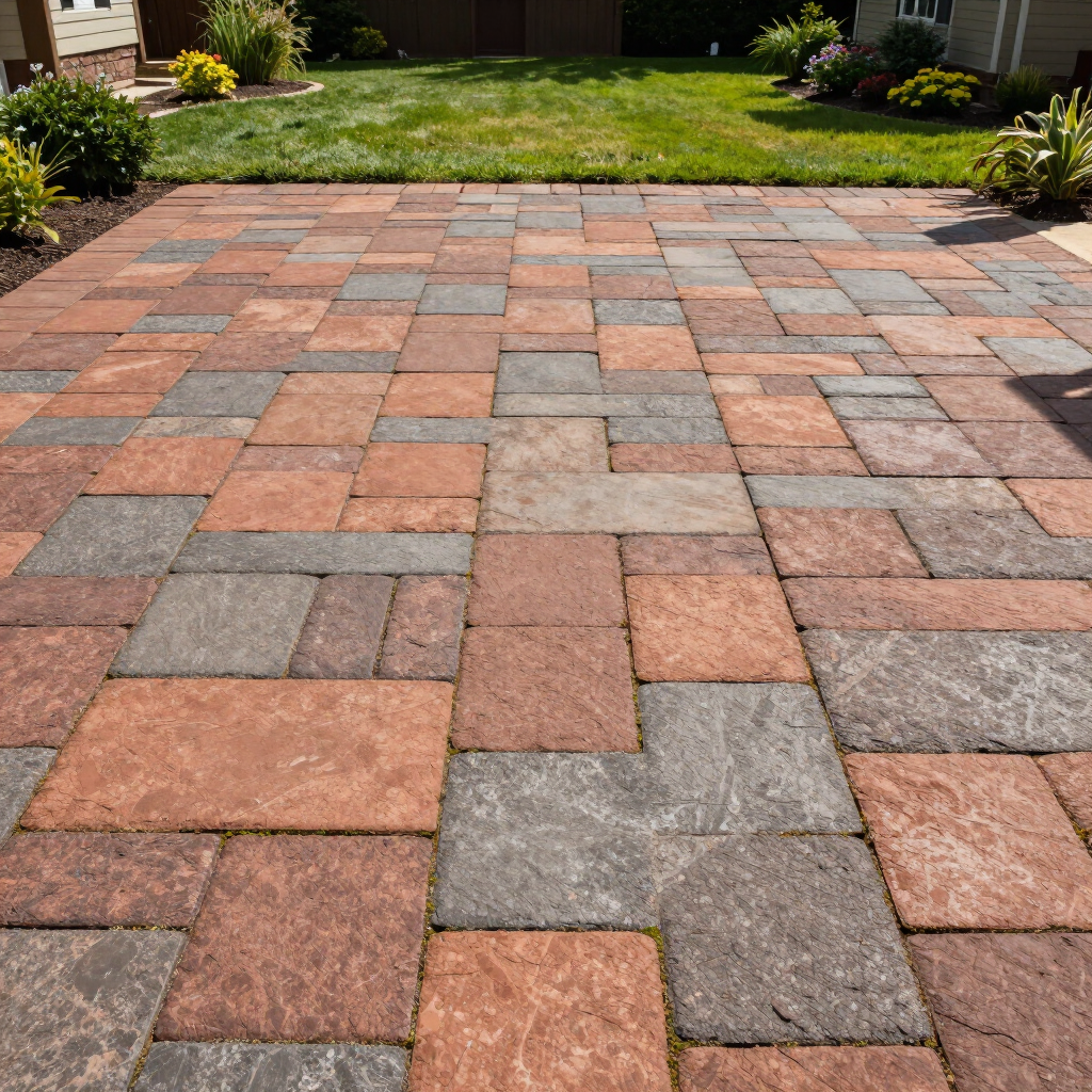 Colorful brick paver patio leading to a green lawn in a residential yard
