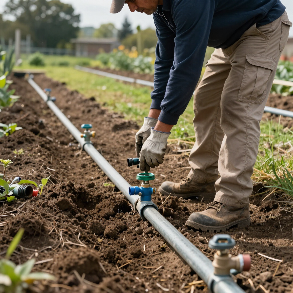 Worker installing irrigation pipes in a garden bed with tools and plants nearby