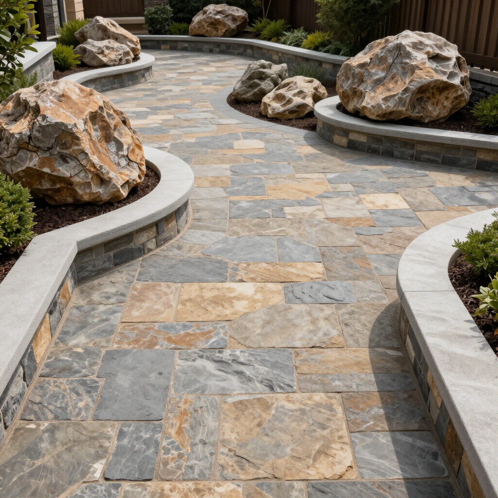 Stone walkway with large boulders and curved concrete borders in a landscaped garden