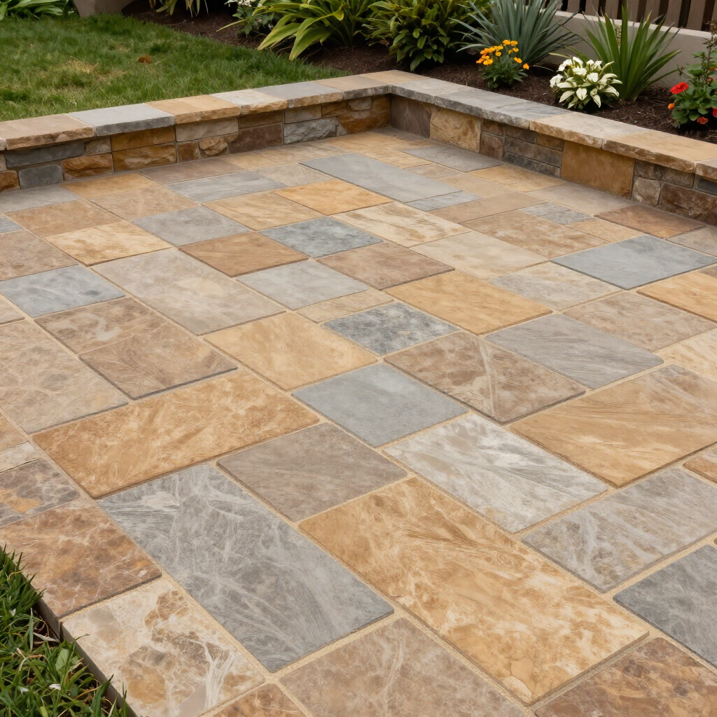Stone patio with multicolored square pavers beside a flower bed and raised stone border