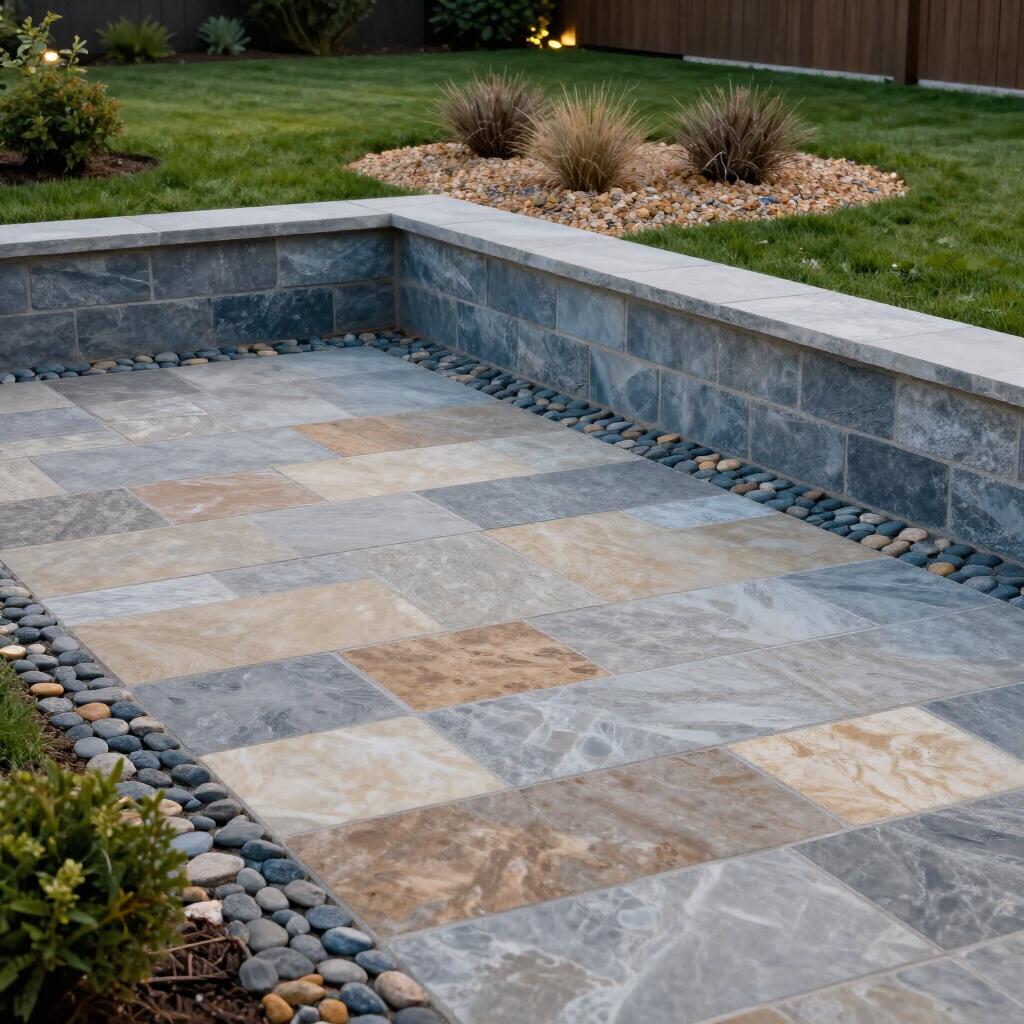 Empty tiled backyard patio with stone retaining wall, bordered by pebbles and grass.