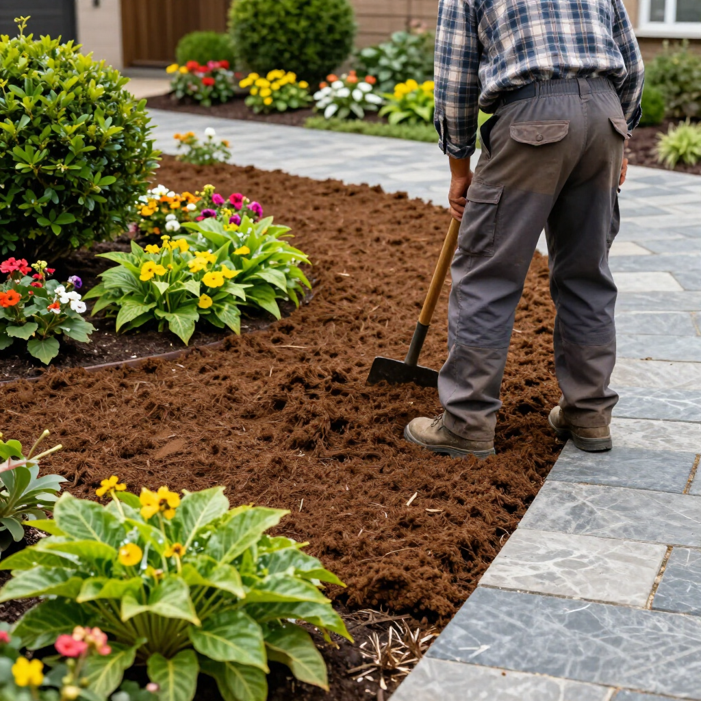 Gardener spreading mulch along a flower bed beside a stone walkway