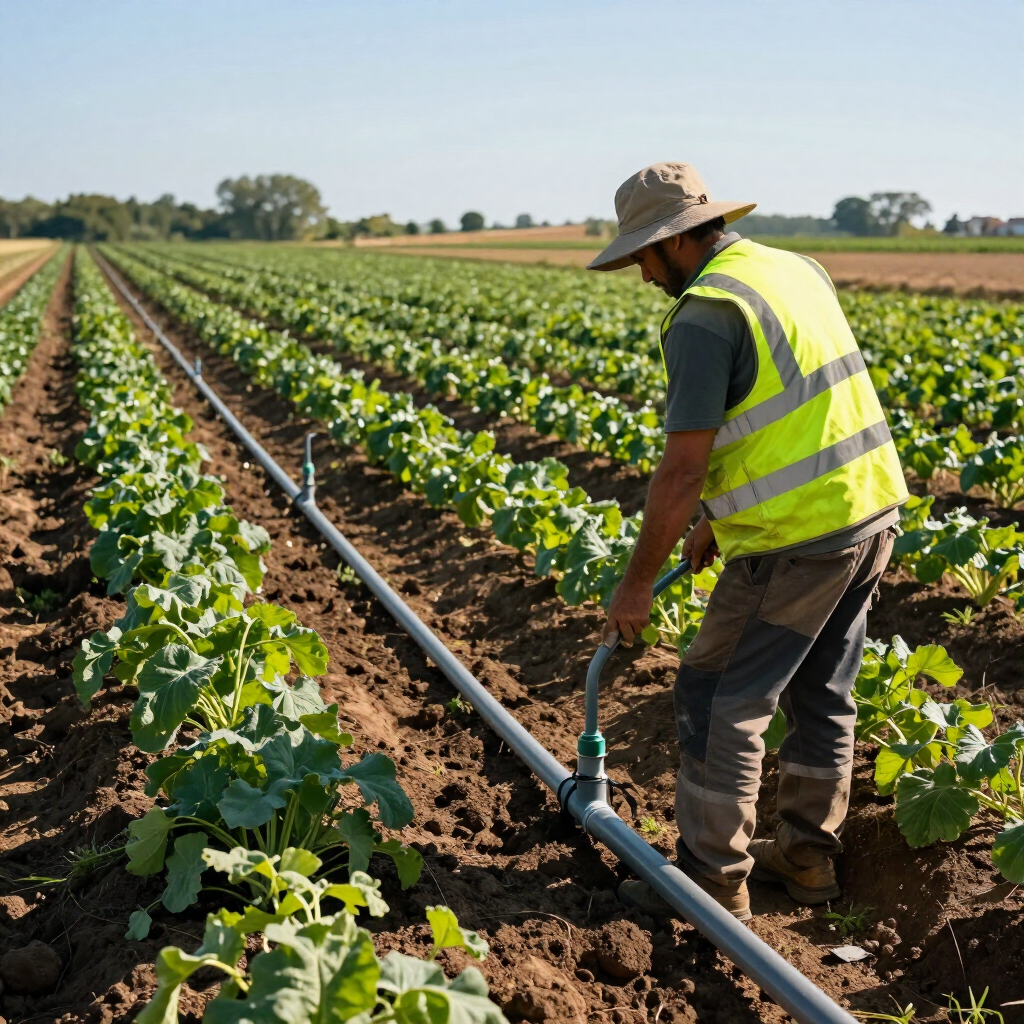 Farmer in a neon vest watering rows of crops in a sunny field
