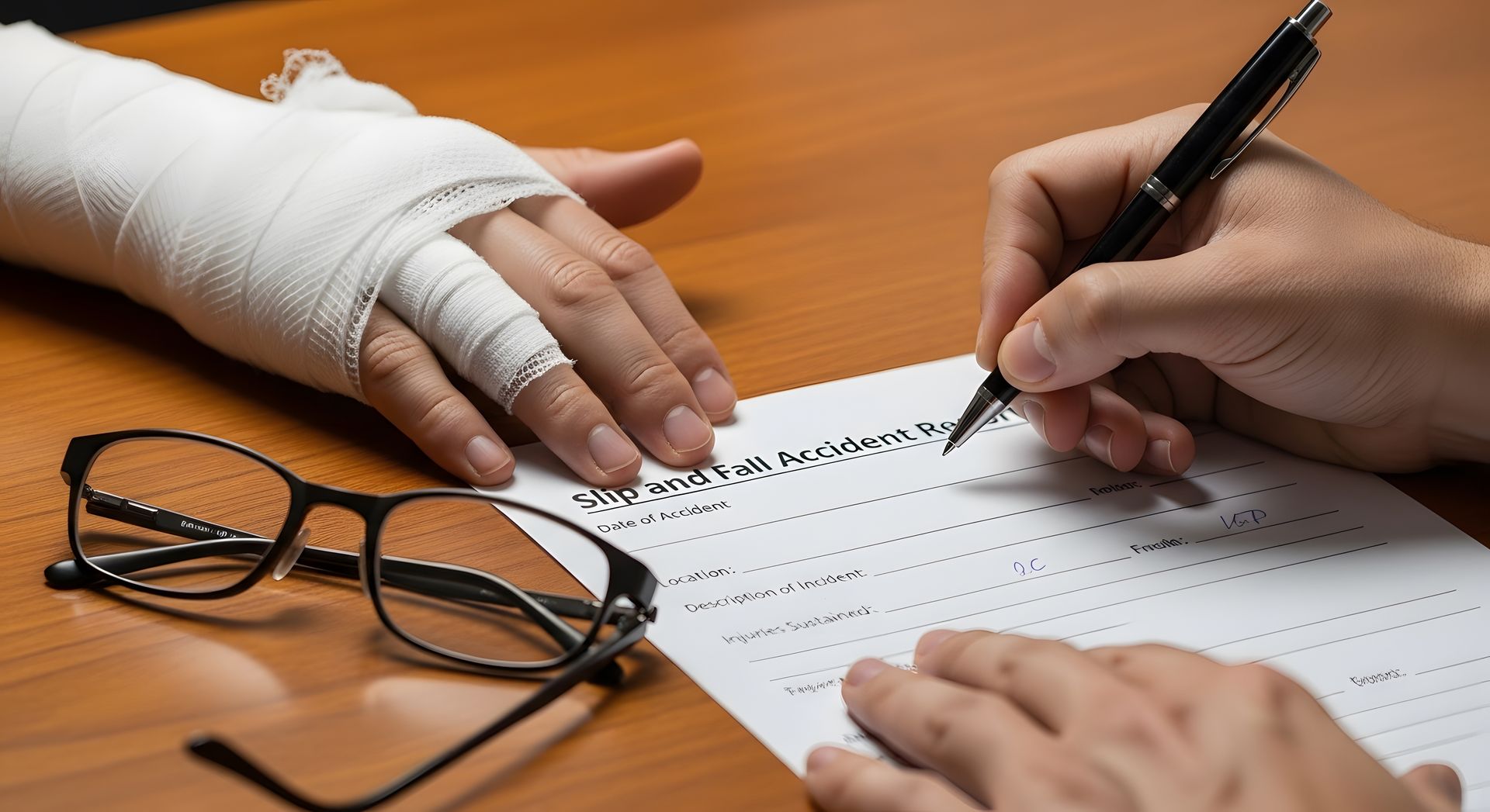 A person filling out a slip and fall accident report next to an injured, bandaged hand.