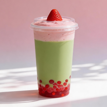 Strawberry parfait drink with green and pink layers, topped with a strawberry in a clear cup
