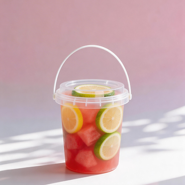 Clear bucket of colorful citrus drink with lemon and lime slices on a pink background