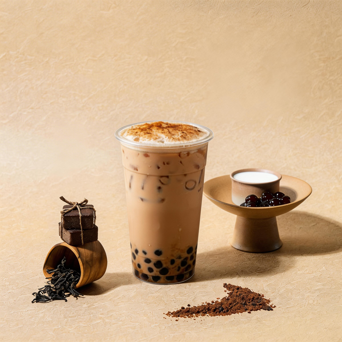 Iced coffee with tapioca pearls beside a small dessert cup and scattered grounds on a beige surface.
